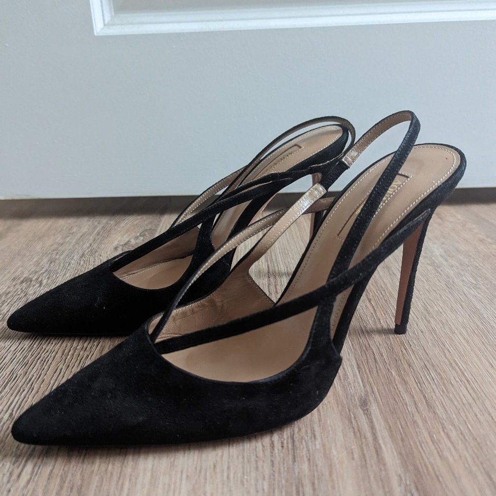 Women's Black Suede Slingback Pointed-Toe Heels